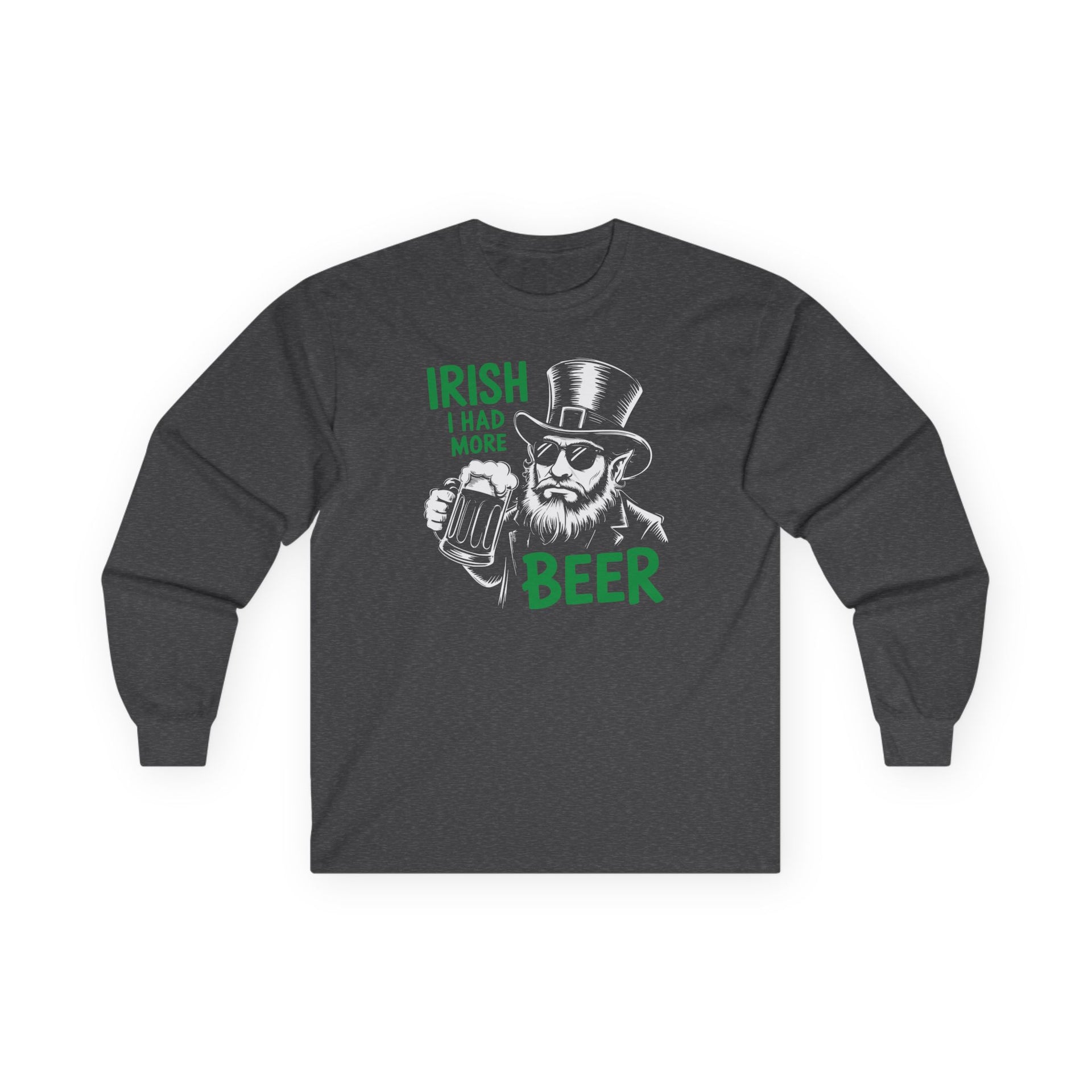 Dark Gray long sleeve tee with leprechaun graphic and text 'Irish I had more beer' funny St Patricks pub crawl and parade design
