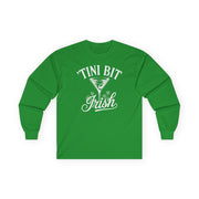 green long sleeve shirt with 'Tini Bit Irish' text funny st patricks day design