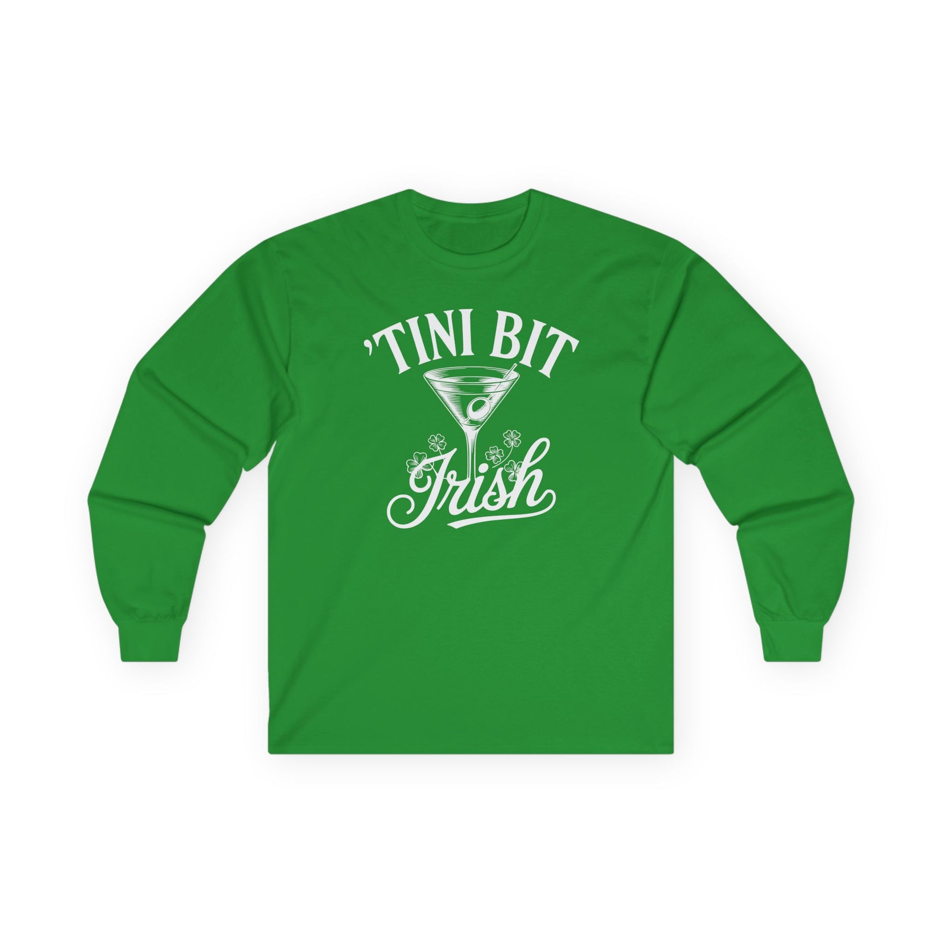 green long sleeve shirt with 'Tini Bit Irish' text funny st patricks day design