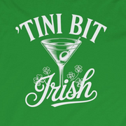 closeup of a green long sleeve shirt with 'Tini Bit Irish' text funny st patricks day design