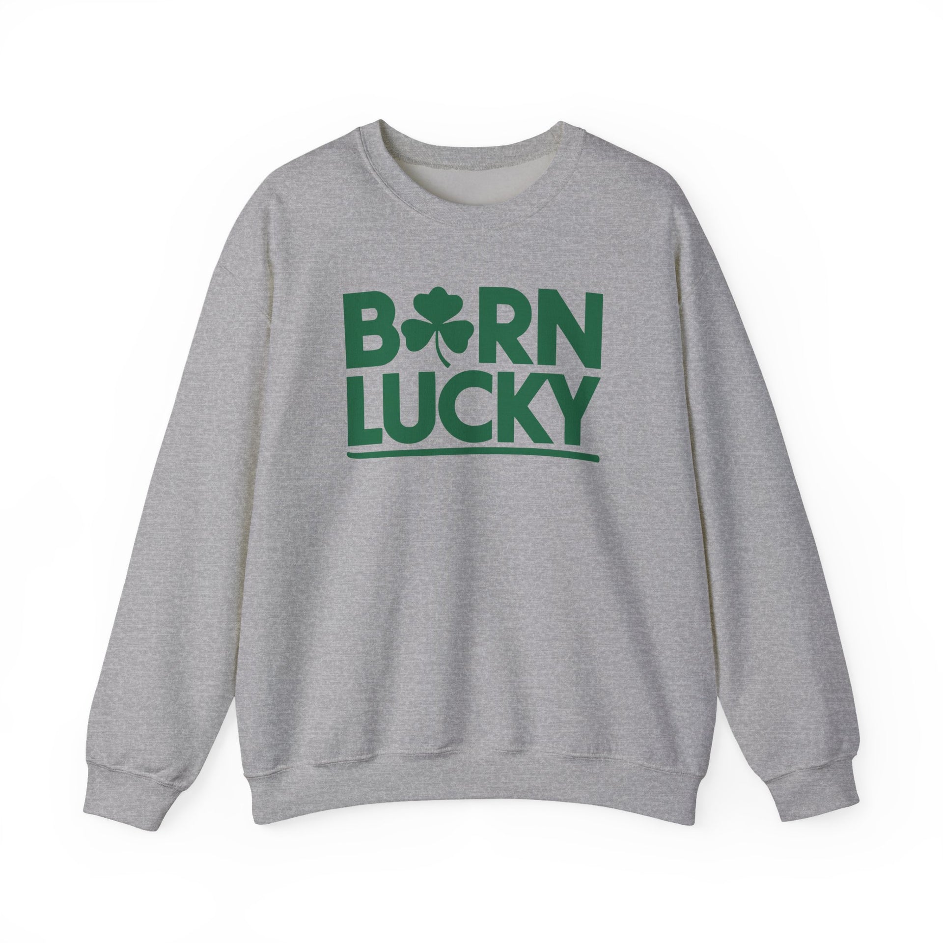 gray sweatshirt with 'Born Lucky' text and green clover funny st patricks design