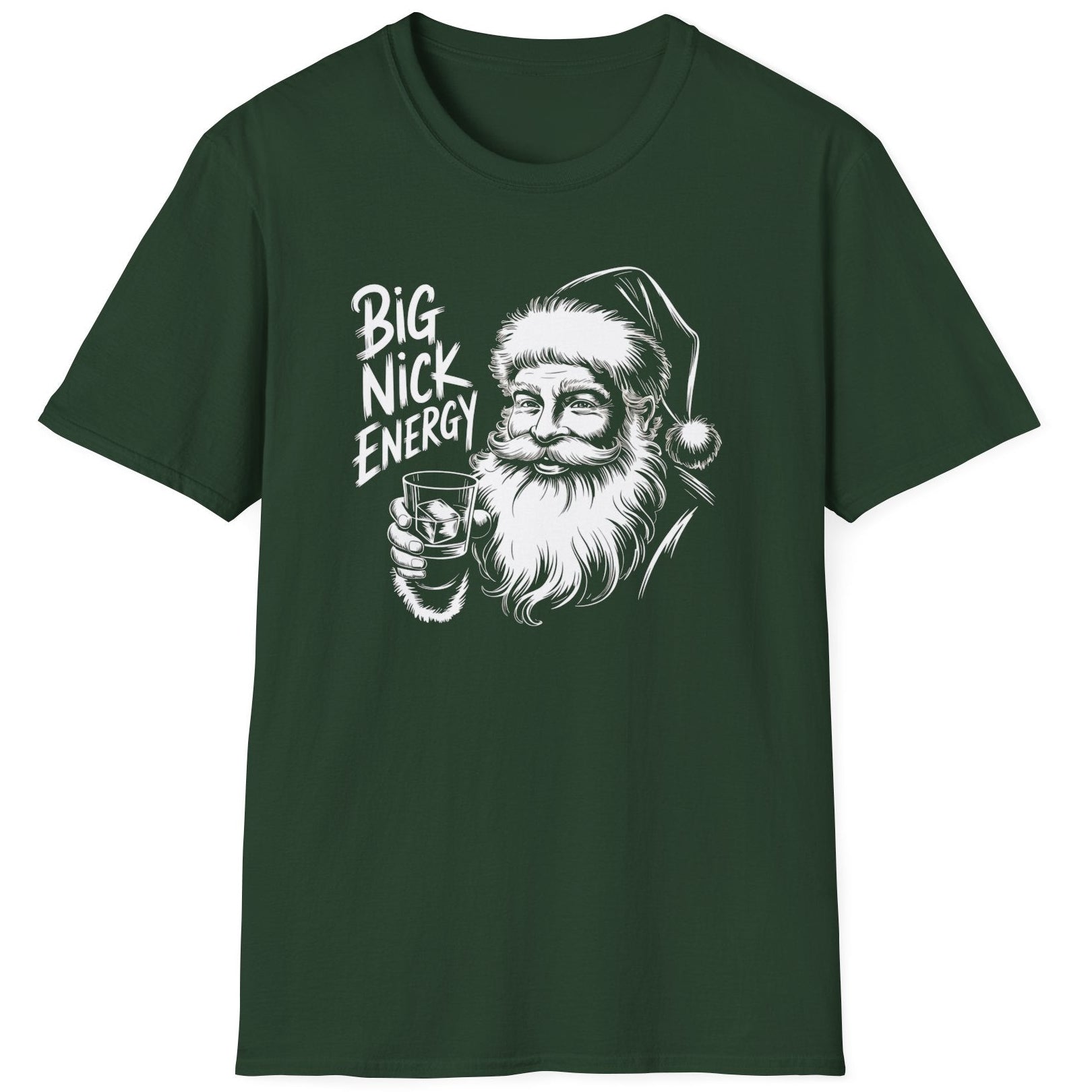 Funny Christmas Drinking  Short Sleeve Shirt with Santa drinking from a whiskey glass and the text "Big Nick Energy" - Forest Green
