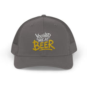 a charcoal trucker hat with the phrase  'You Had Me at Beer' text funny spring break, guys trip, girls trip, bachelor party, bachelorette party, lake season, beach trip, summer vacation design