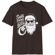 Funny Christmas Humor Short Sleeve Shirt with Santa pointing and the text "Santa Knows You've Been a Bitch" - Dark Chocolate