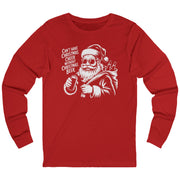 Red long-sleeve shirt with a graphic of Santa Claus holding a beer and the text cant have christmas cheer without christmas beer