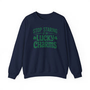 navy sweatshirt with green text 'Stop Staring at My Lucky Charms' funny St Patricks Design