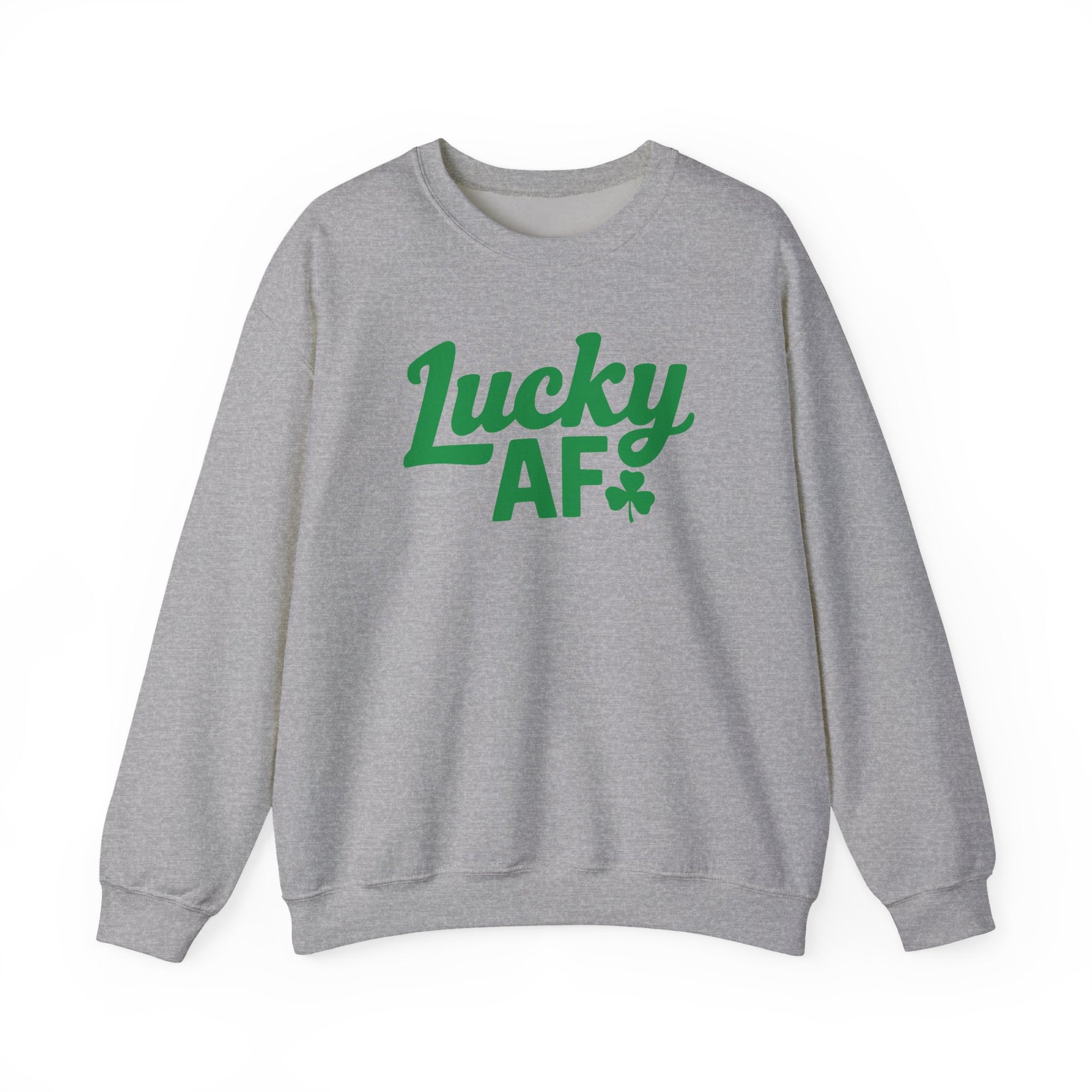 gray sweatshirt with the phrase 'Lucky AF' funny st patricks day design