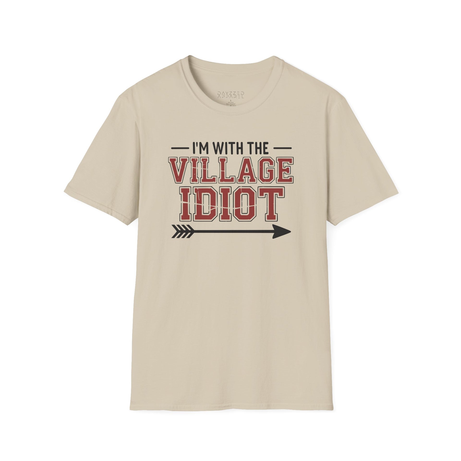 premium softstyle t-shirt  with the phrase  'I'm with the village idiot' funny spring break, beach vacations, lake days, girls trip, guys trip, matching couples designs