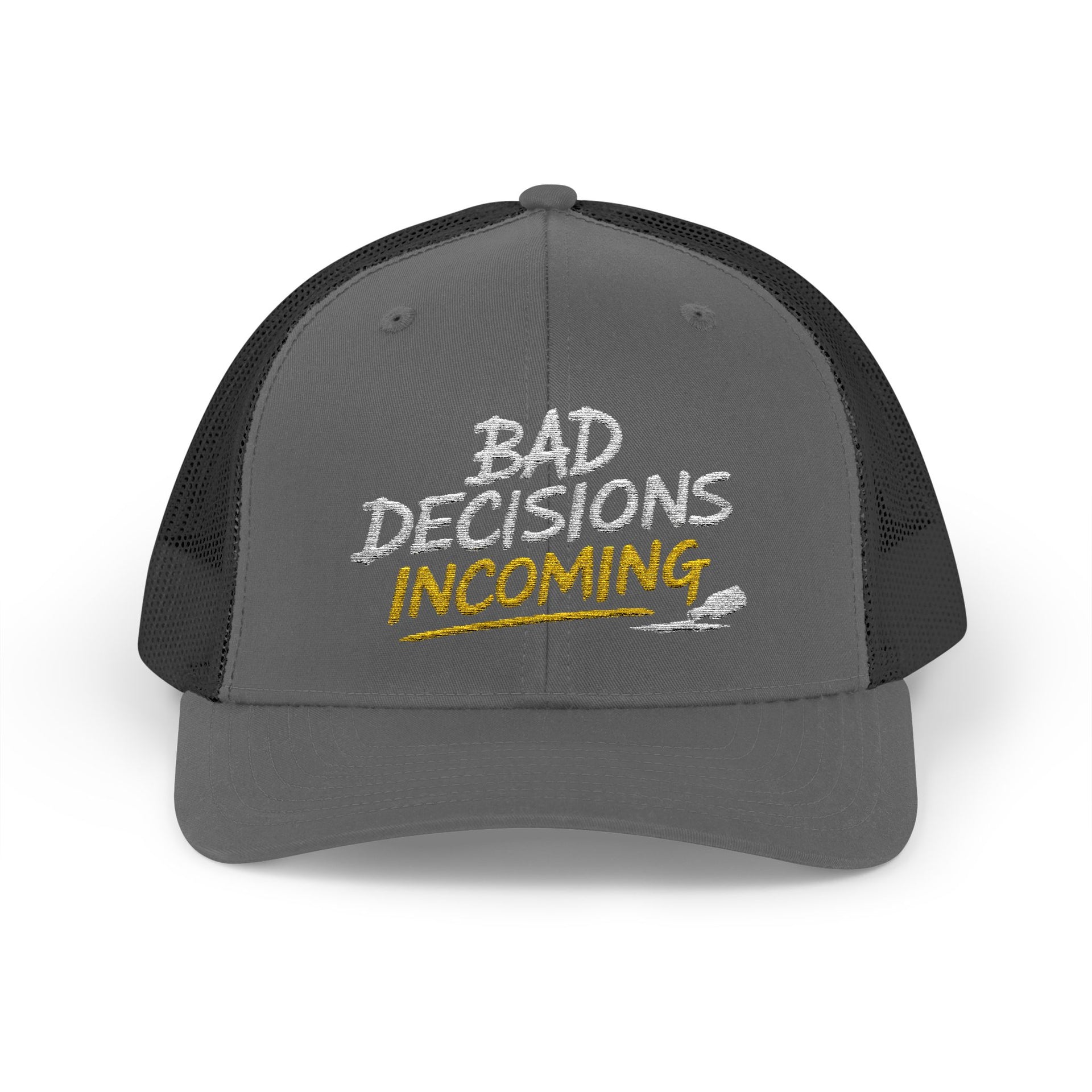 Woman wearing a charcoal and black curved trucker hat with embroidered text 'Bad Decisions Incoming'  funny Spring Break, Girls rips, Guys Trips, Beach Trips, Bachelor or Bachelorette design