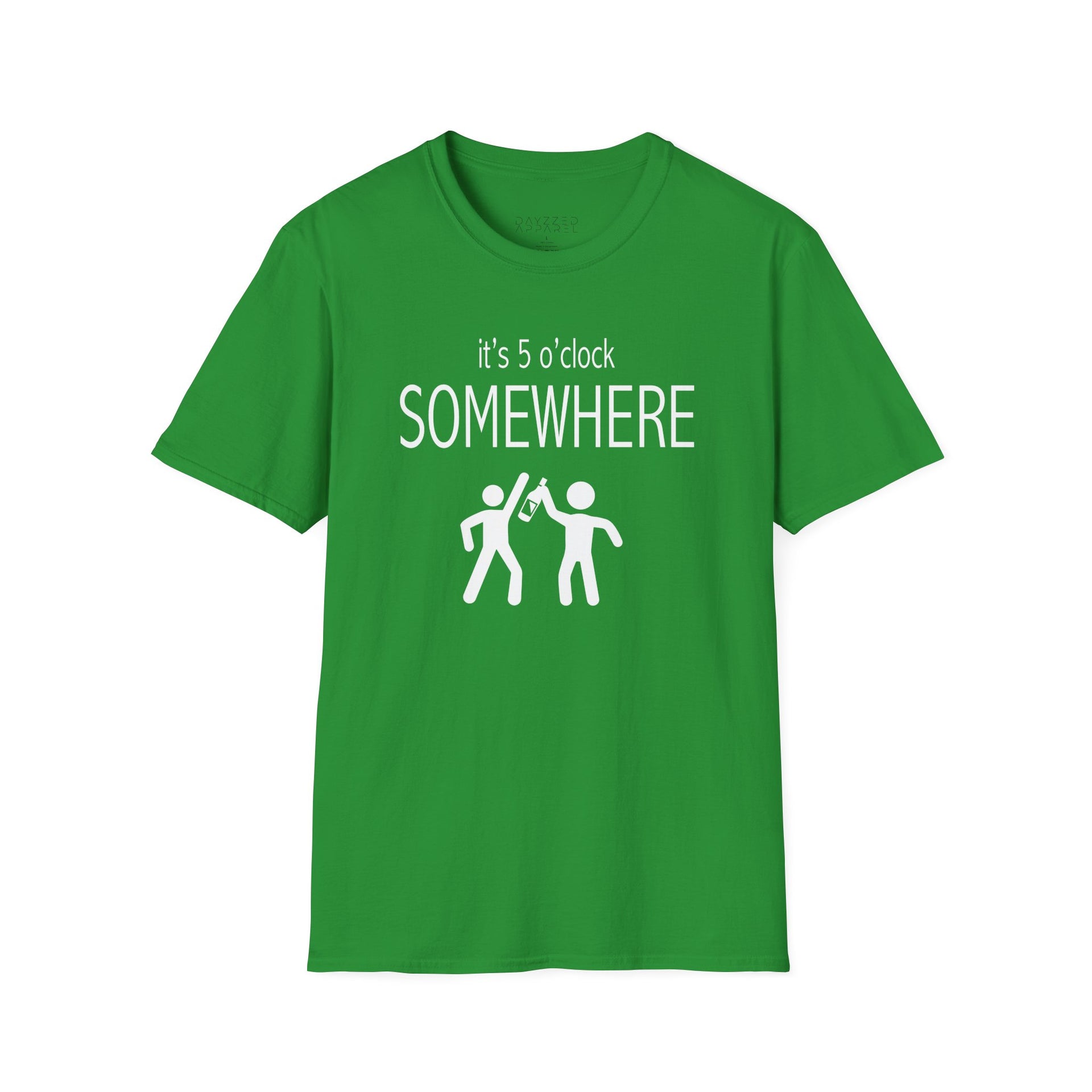 a green t-shirt with 'it's 5 o'clock SOMEWHERE' text funny day drinking, spring break, summer acation, guys trip or girls trip design

