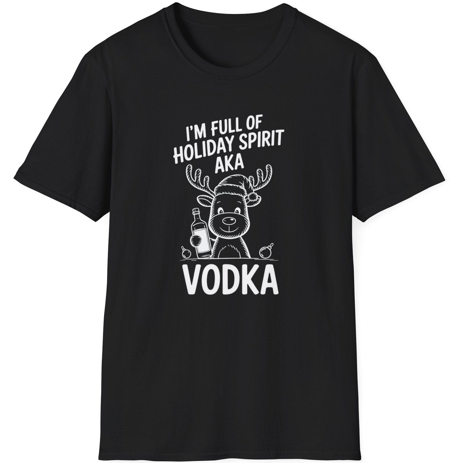 Black t-shirt with a reindeer graphic and the text i'm full of holiday spirit aka vodka funny christmas sweater