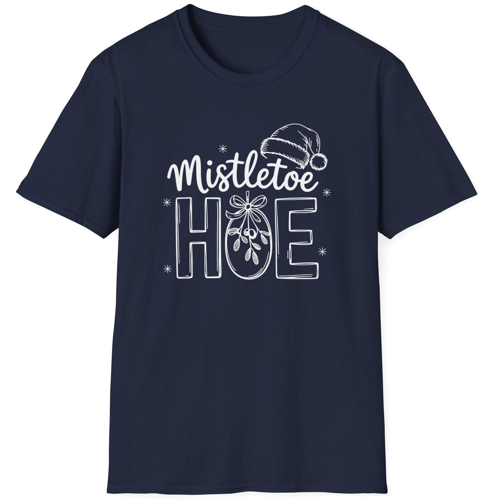 Funny Christmas Humor Short Sleeve Shirt with mistletoe and a santa hat and the text and the text "Mistletoe Hoe" - Navy Blue
