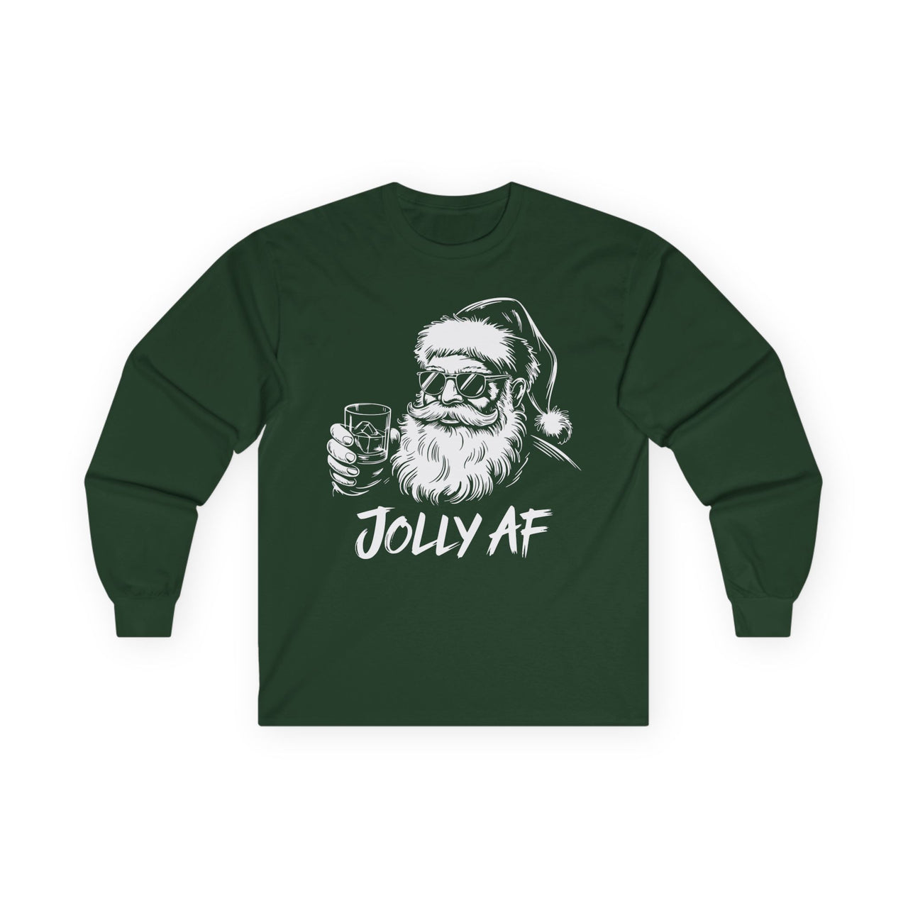 Jolly AF Long Sleeve Tee — Funny Santa Drinking Whiskey Christmas Shirt