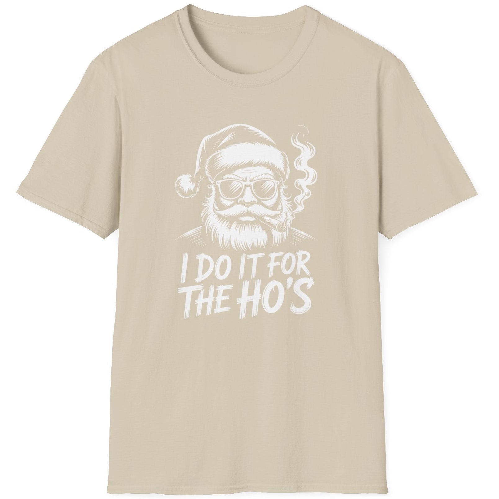 Beige t-shirt with a graphic of Santa Claus and text 'I Do It for the Ho's' funny christmas sweater
