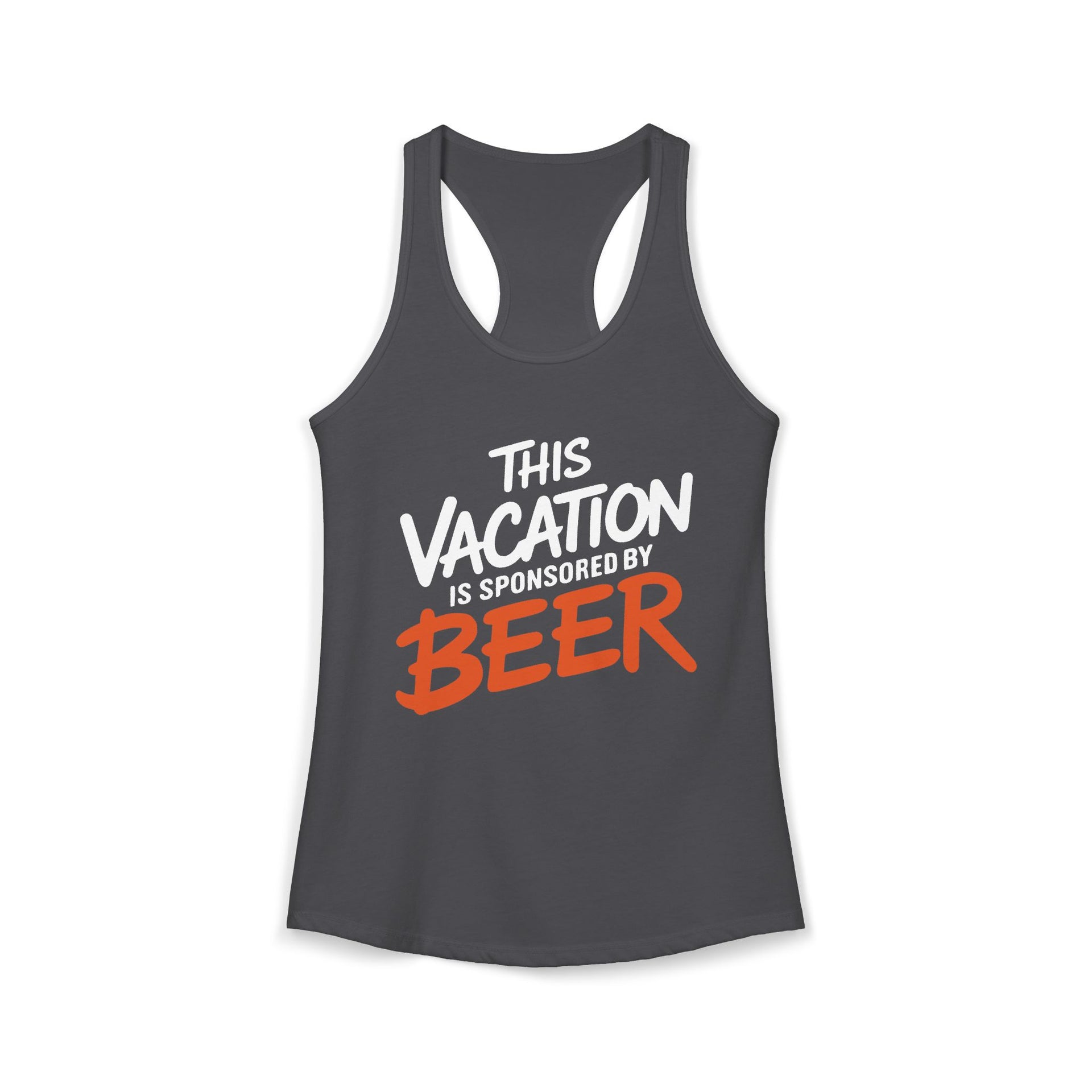 a gray racerback tank top with 'This Vacation is Sponsored by Beer' text funny spring break, beach trip, bachelorette party, girls trip, or lake season design
