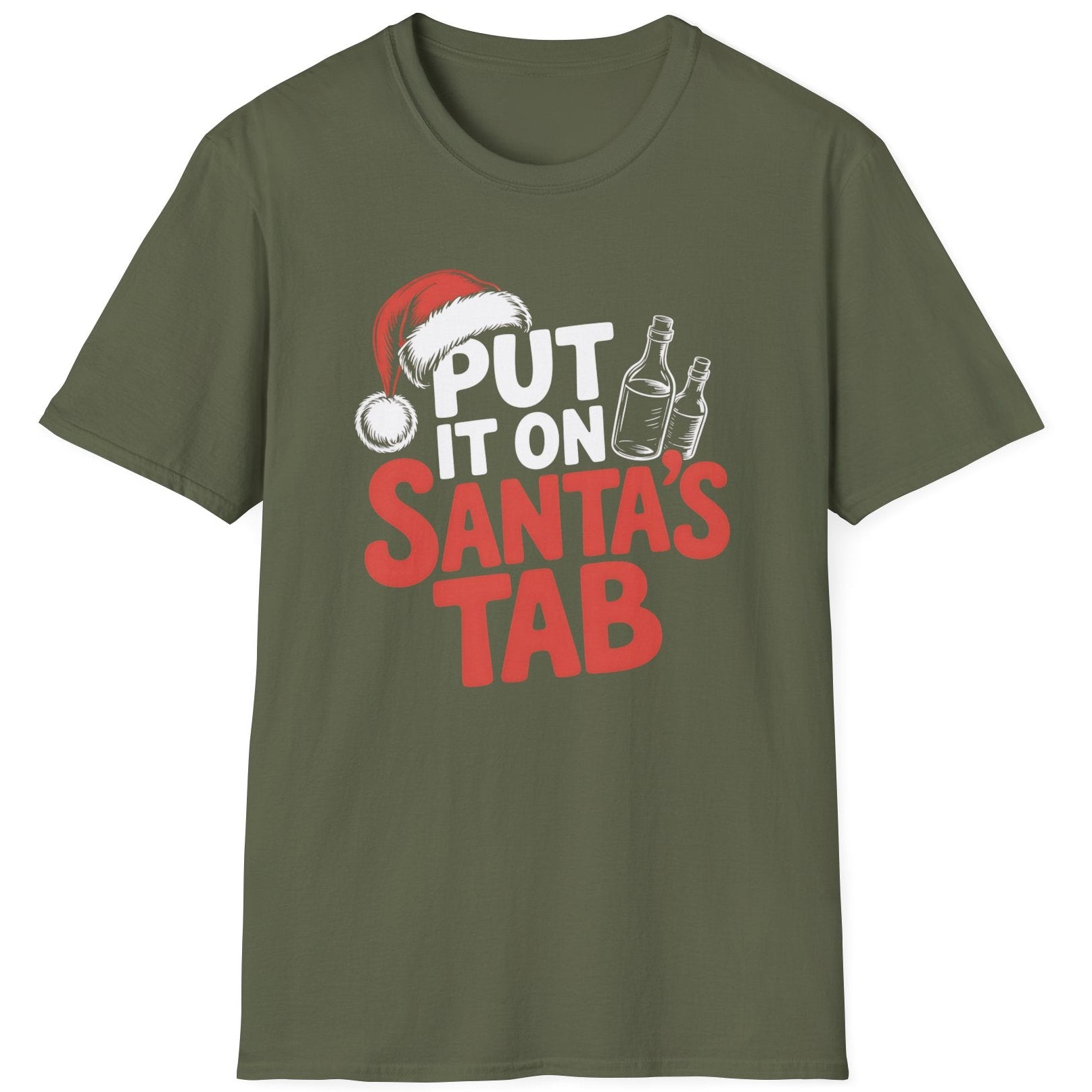 Funny Christmas Drinking Long Sleeve Shirt with text "put it on santas tab" - Military green