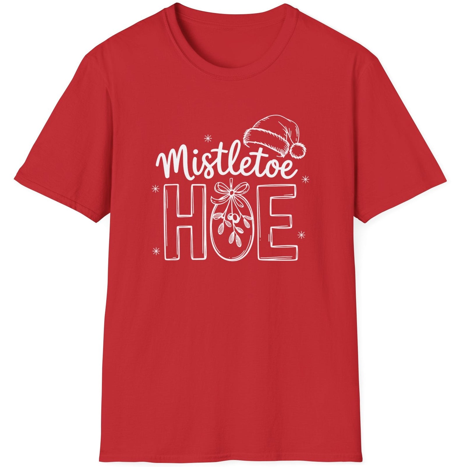 Funny Christmas Humor Short Sleeve Shirt with mistletoe and a santa hat and the text and the text "Mistletoe Hoe" - Red