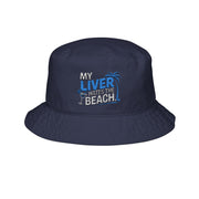 Navy embroidered My Liver Hates the Beach funny bucket hat for spring break, beach vacations, coastal travel, and summer parties