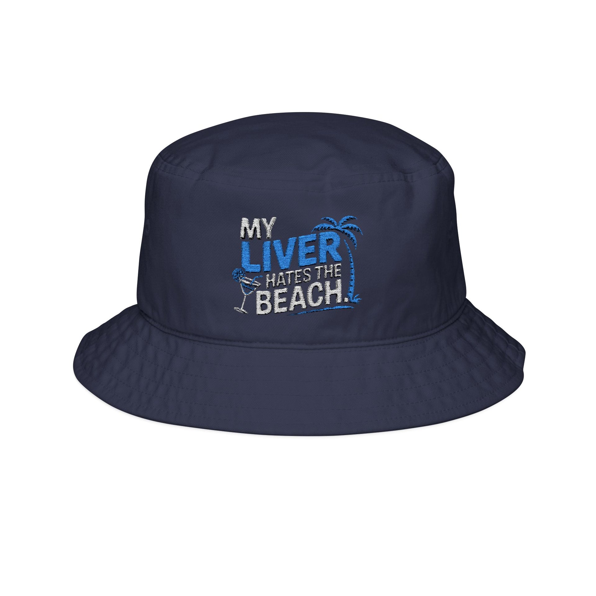 Navy embroidered My Liver Hates the Beach funny bucket hat for spring break, beach vacations, coastal travel, and summer parties