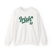 White sweatshirt with 'Irish AF' text funny St patricks day design