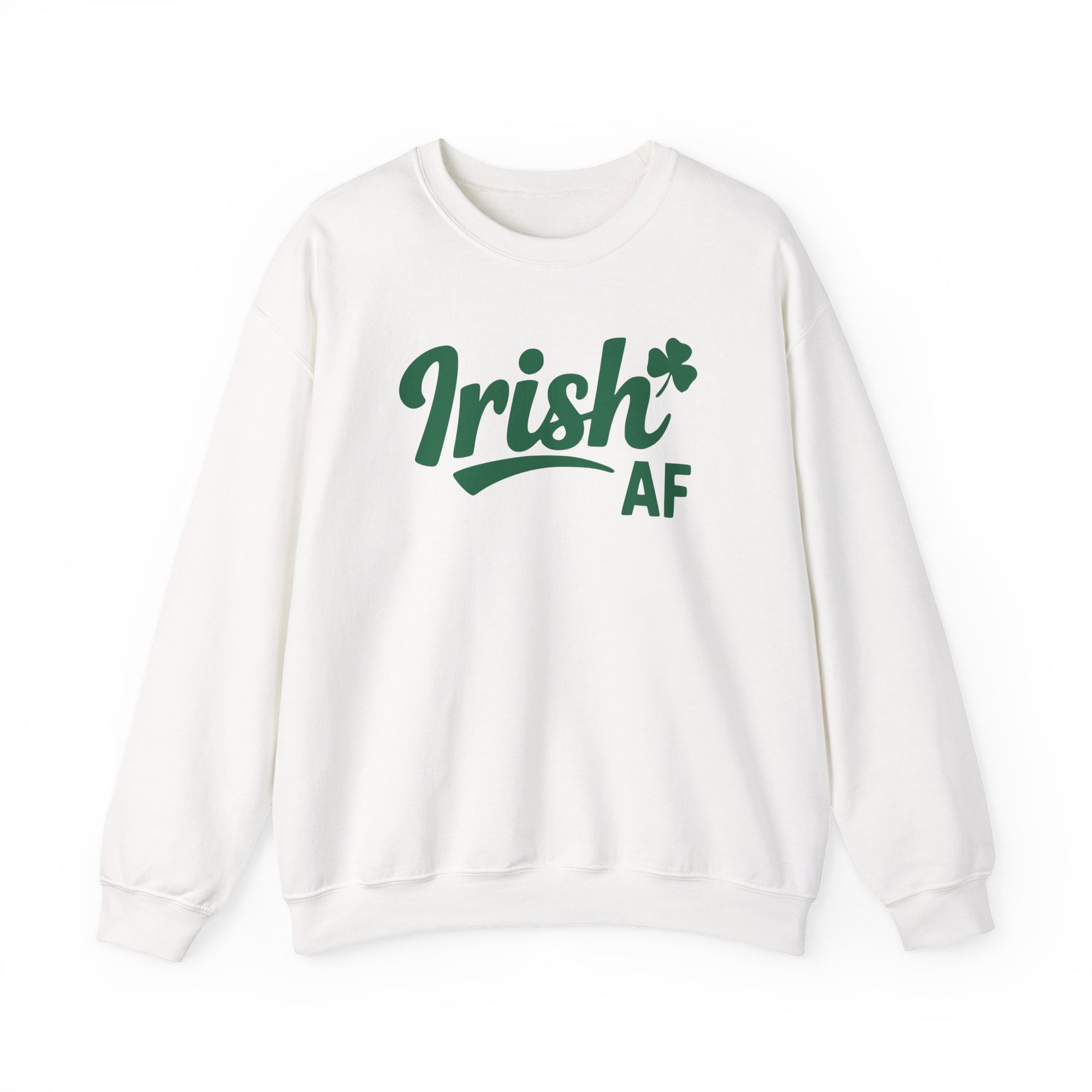 White sweatshirt with 'Irish AF' text funny St patricks day design
