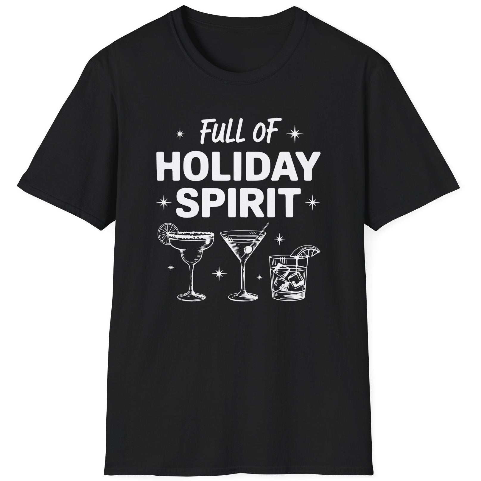 Funny Christmas Drinking Short Sleeve Shirt with three cocktails glasses and the text "Full of Holiday Spirit" - Black