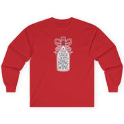 Red long-sleeve shirt with a graphic design on a white background