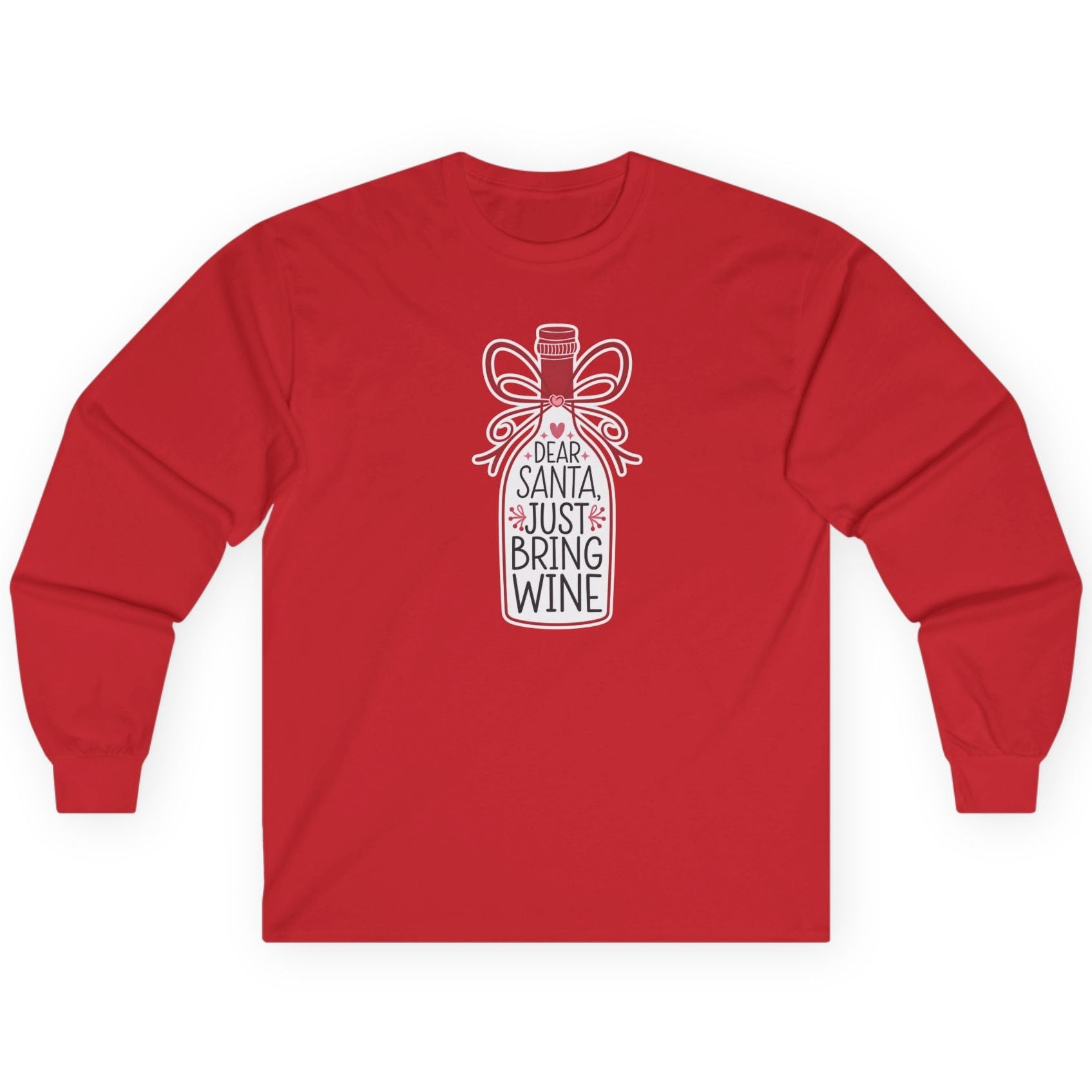 Red long-sleeve shirt with a graphic design on a white background
