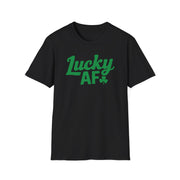 Black t-shirt with the phrase 'Lucky AF' funny st patricks day design