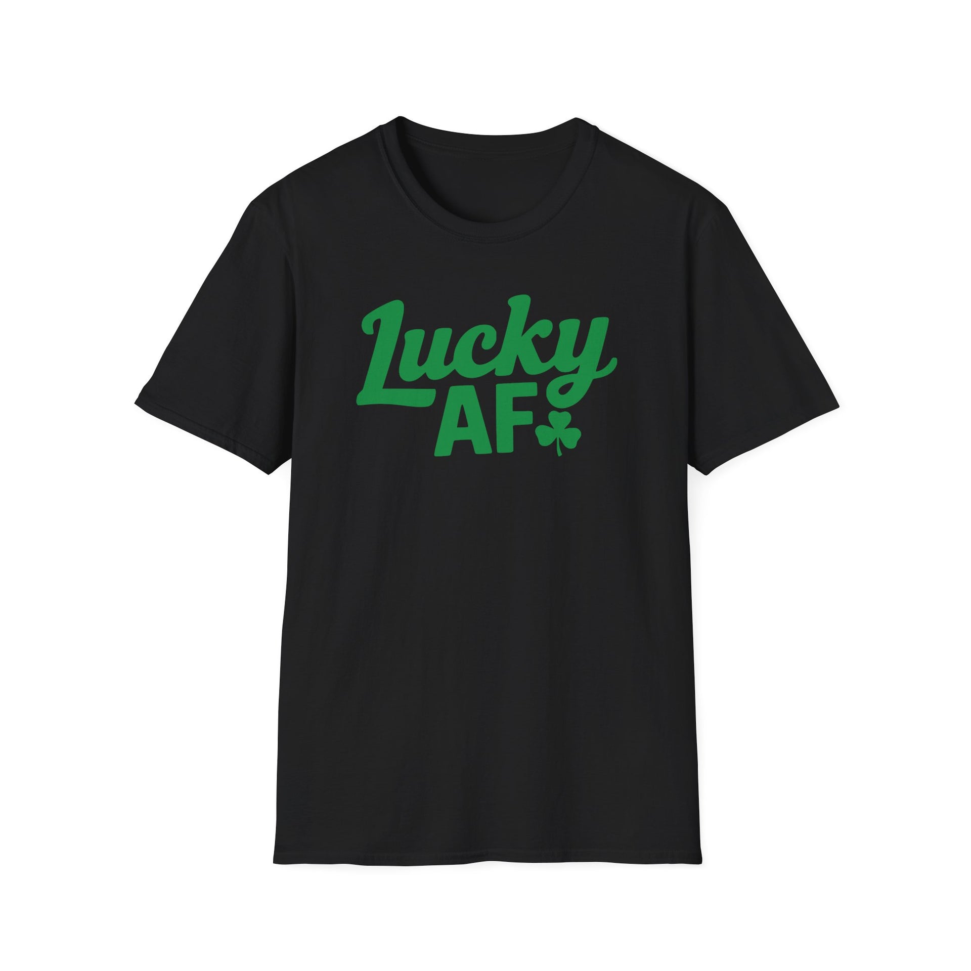Black t-shirt with the phrase 'Lucky AF' funny st patricks day design
