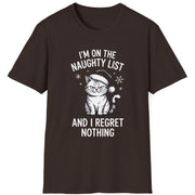 Brown t-shirt with a grumpy cat graphic and the phrase im on the naughty list and i regret nothing funny christmas sweater