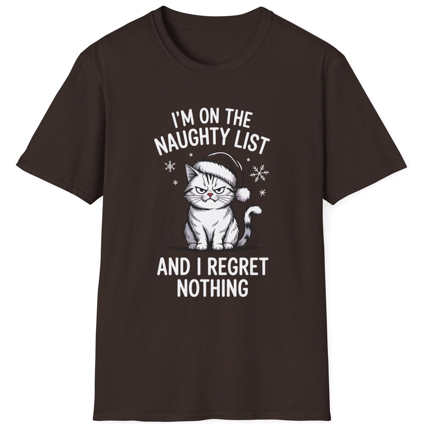 Brown t-shirt with a grumpy cat graphic and the phrase im on the naughty list and i regret nothing funny christmas sweater