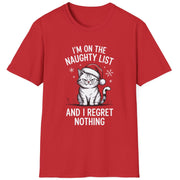 Red t-shirt with a grumpy cat graphic and the phrase im on the naughty list and i regret nothing funny christmas sweater