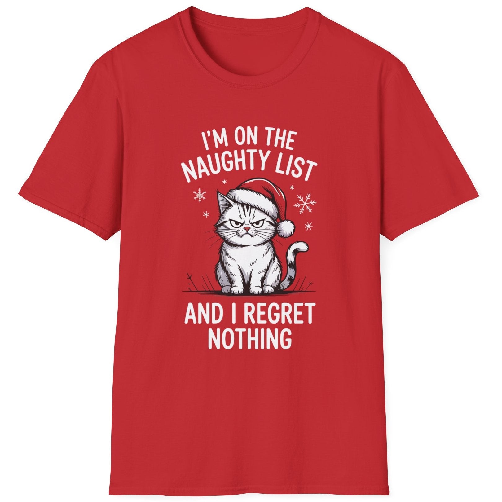 Red t-shirt with a grumpy cat graphic and the phrase im on the naughty list and i regret nothing funny christmas sweater