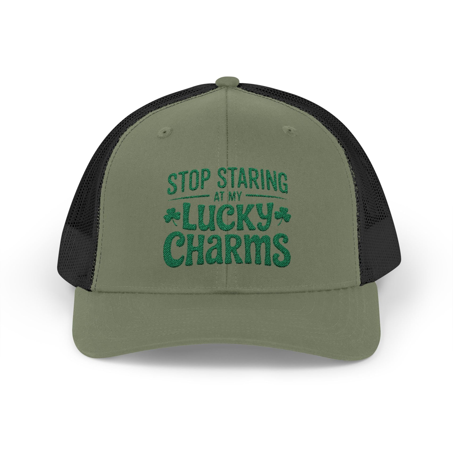 a green and black curved trucker hat with the phrase Stop Staring at My Lucky Charms funny St Patricks Day pub crawl or parade design