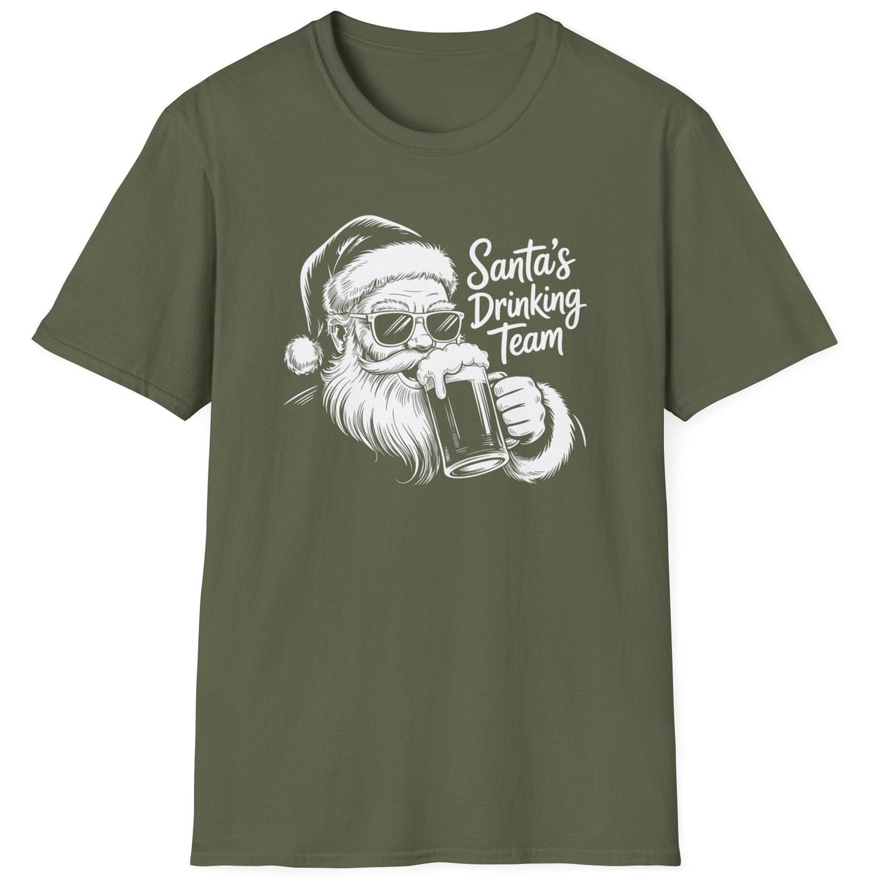 Funny Christmas Drinking Short Sleeve Shirt with text "Santa's Drinking Team" -  Military Green