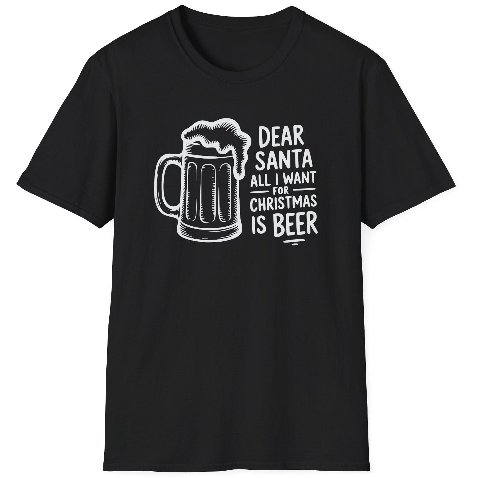 Funny Christmas Drinking Humor Short Sleeve Shirt with a Beer Mug and the text "Dear Santa All I want for Christmas is Beer" - Black