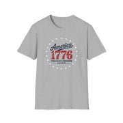 Gray t-shirt with 'America 1776 fueled by freedom and beer' text on a white background