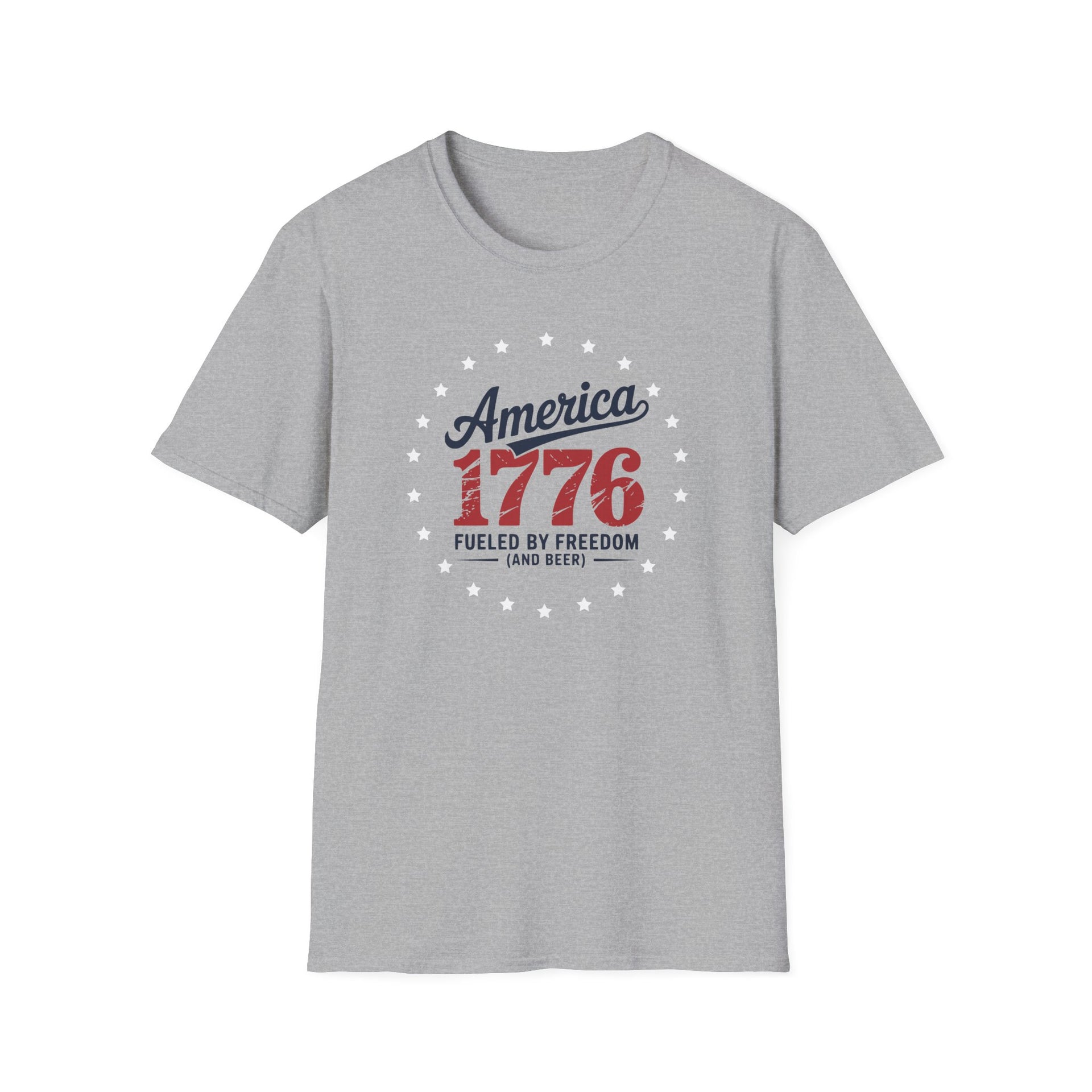 Gray t-shirt with 'America 1776 fueled by freedom and beer' text on a white background