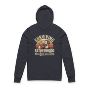 a heather navy lightweight hoodie with the phrase 'Surviving Fatherhood One Beer at a Time' funny Father's day gift for dad
