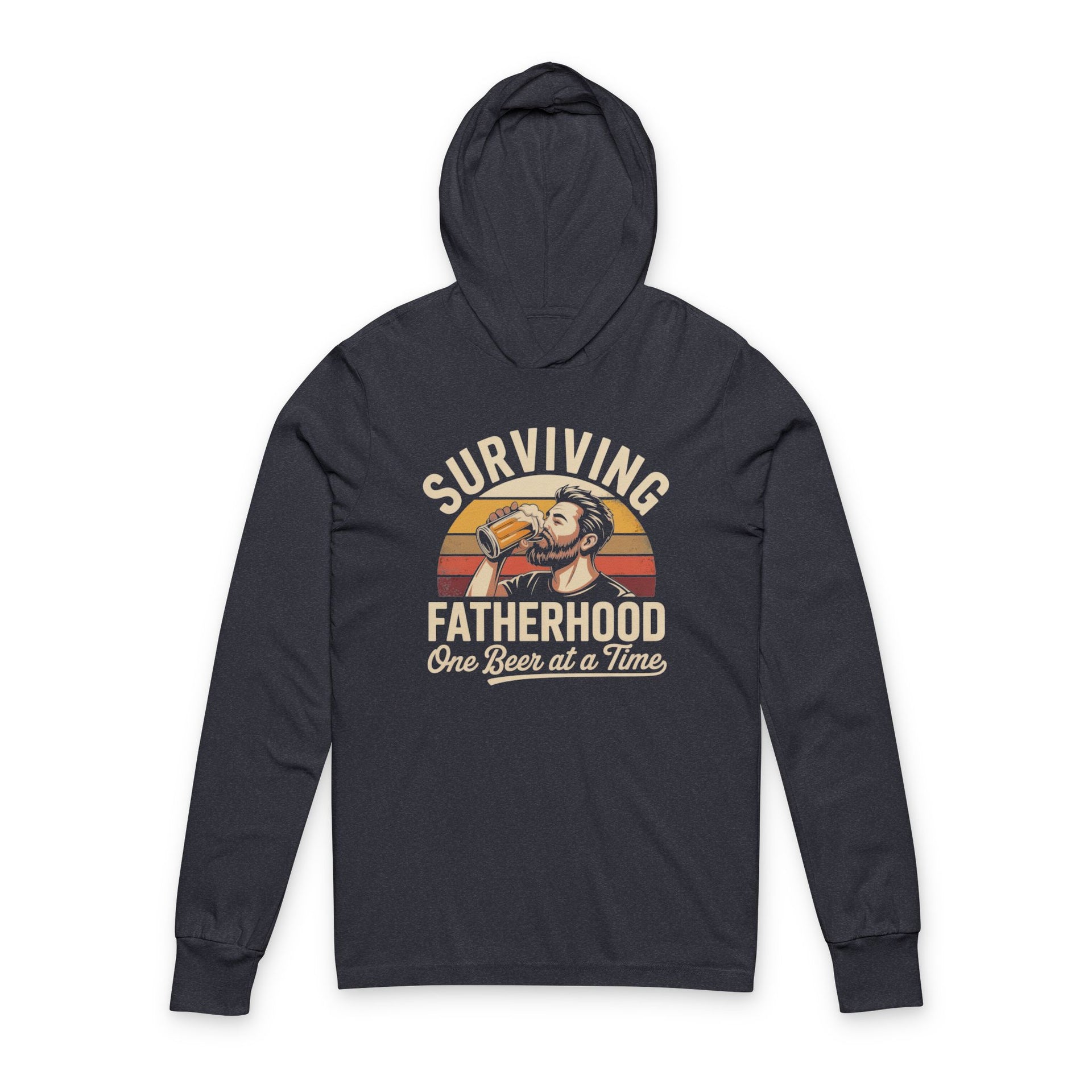 a heather navy lightweight hoodie with the phrase 'Surviving Fatherhood One Beer at a Time' funny Father's day gift for dad
