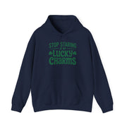 navy hoodie with the phrase stop staring at my lucky charms funny st patricks day design