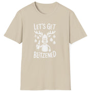 Funny Christmas Drinking Short Sleeve Shirt with a reindeer holding a beer with ornaments draped from his antlers and the text "Let's Get Blitzened" - Sand