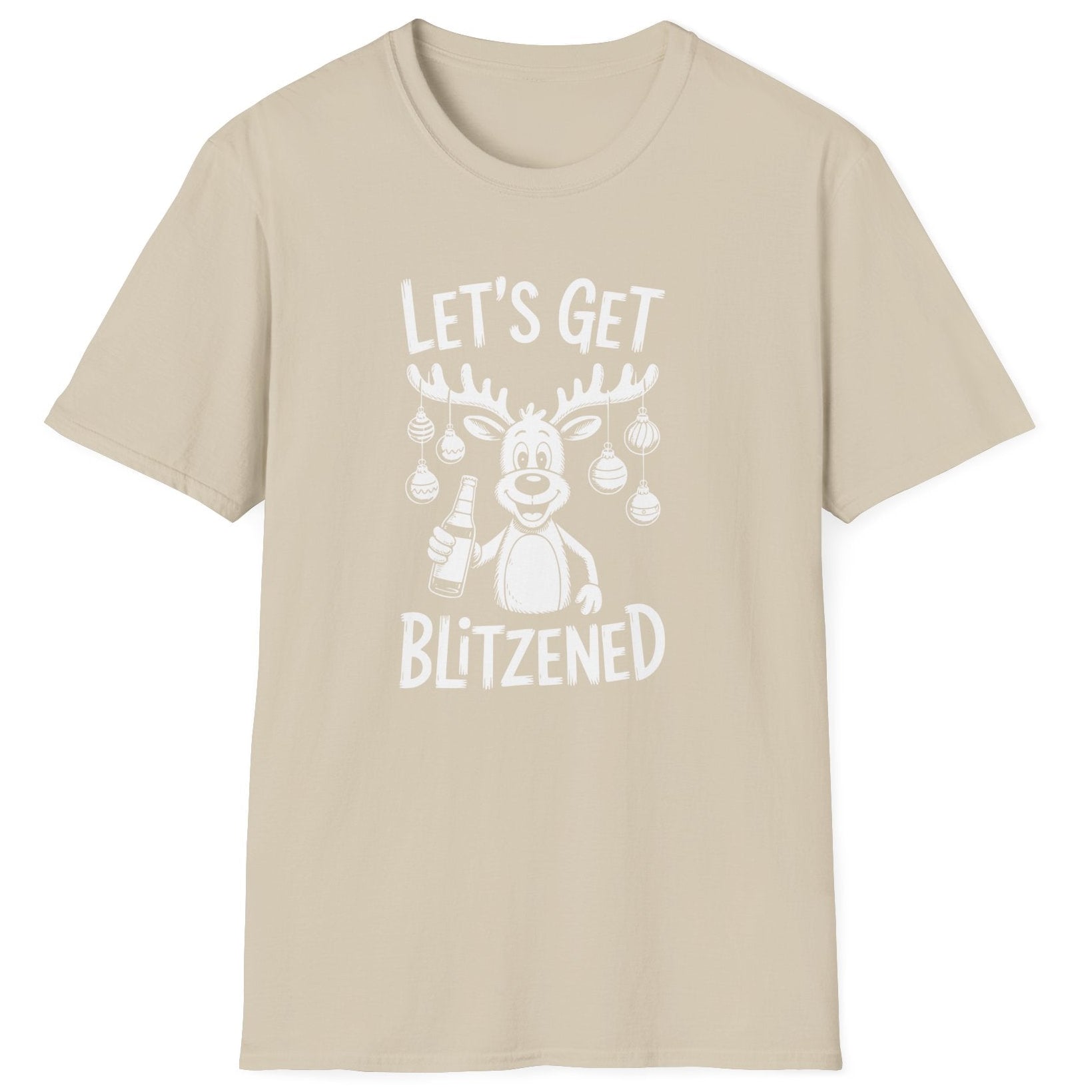 Funny Christmas Drinking Short Sleeve Shirt with a reindeer holding a beer with ornaments draped from his antlers and the text "Let's Get Blitzened" - Sand