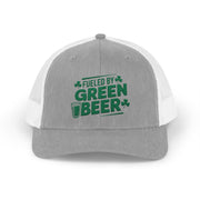 gray and white curved trucker hat with the phrase 'Fueled by Green Beer' funny St Patricks Day pub crawl design