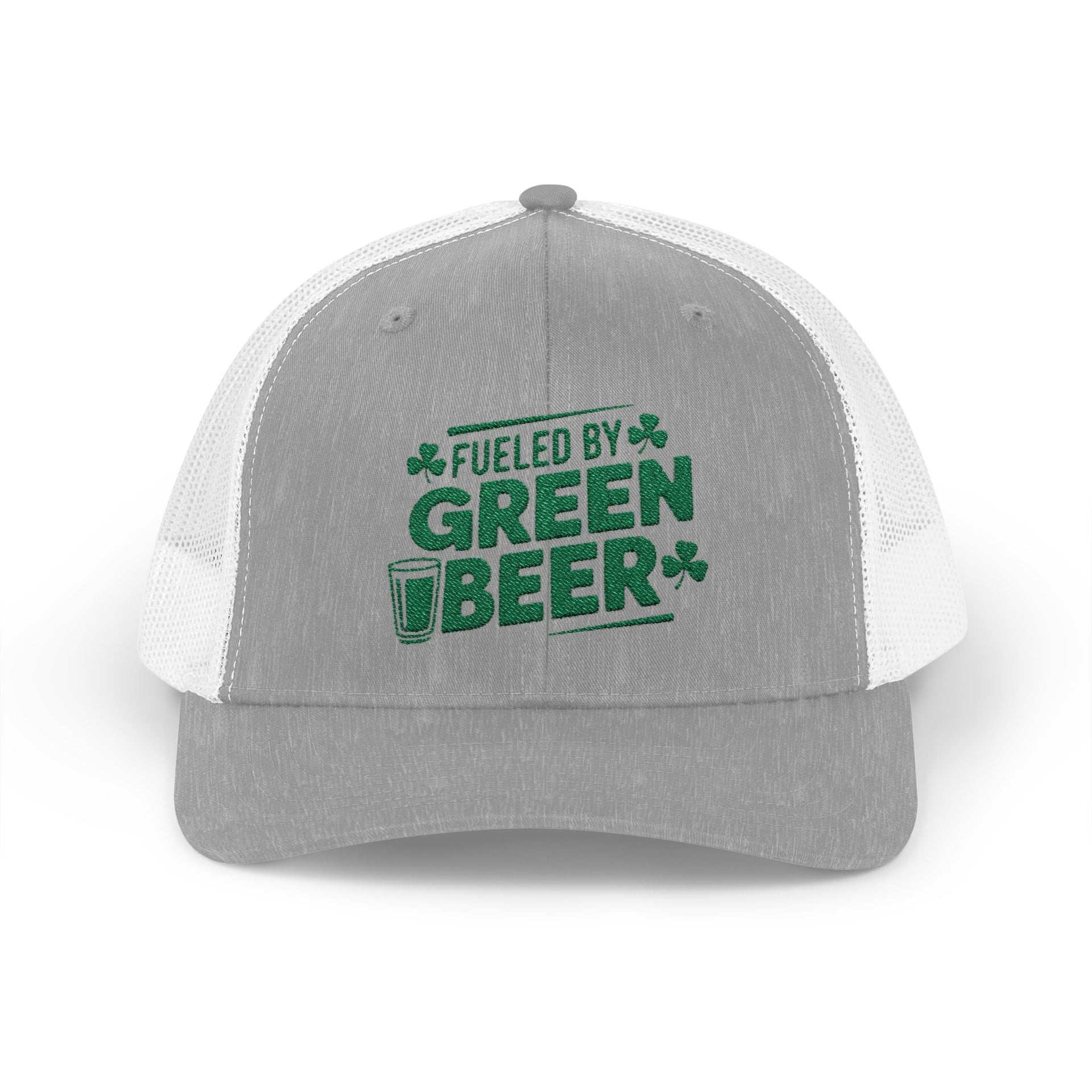 gray and white curved trucker hat with the phrase 'Fueled by Green Beer' funny St Patricks Day pub crawl design