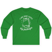 funny christmas irish green long-sleeve shirt with the phrase i like huge sacks and big packages