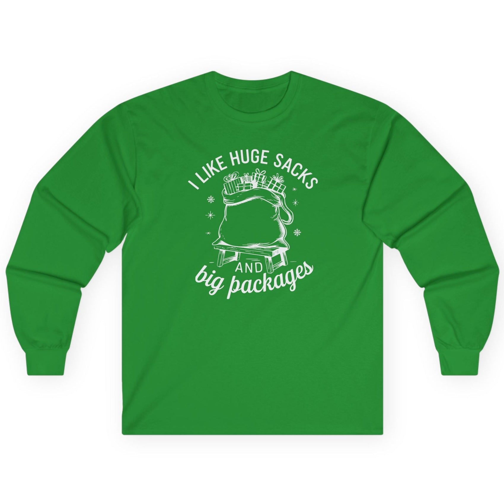 funny christmas irish green long-sleeve shirt with the phrase i like huge sacks and big packages