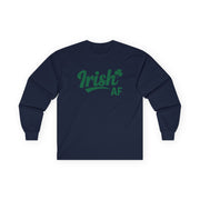 navy long-sleeve shirt with the phrase 'Irish AF' funny st patricks day design