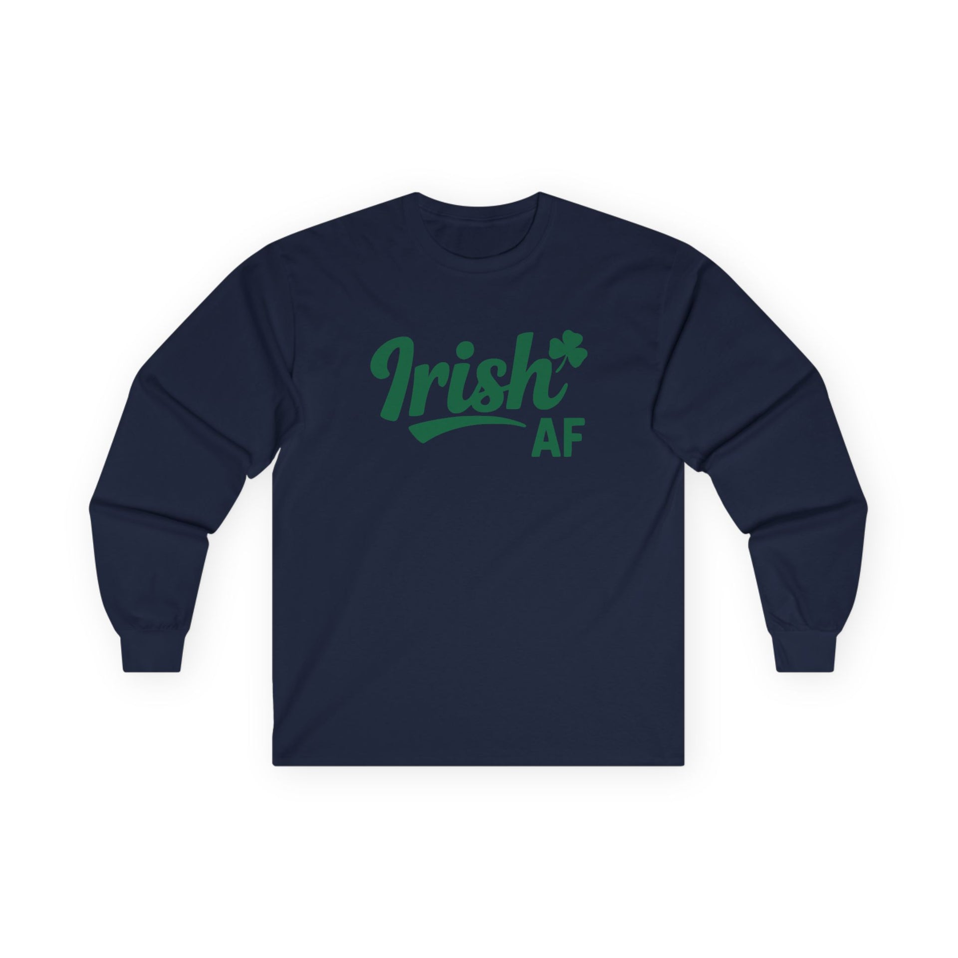 navy long-sleeve shirt with the phrase 'Irish AF' funny st patricks day design